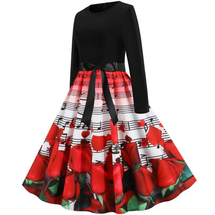 Women's fitted A-line dress with music notes and rose print long sleeves and waist bow Mune Fashion
