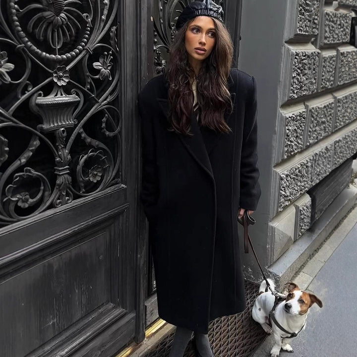 Women's Maxi Length Wool Blend Coat in Oversized Cocoon Cut with Distinctive Shoulder Line Mune Fashion