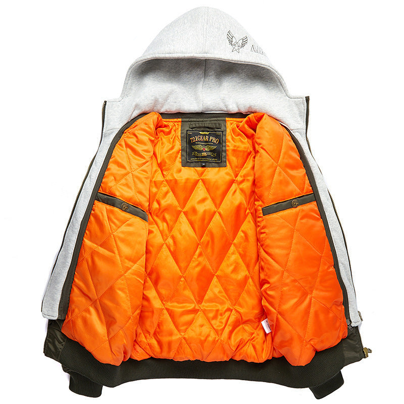 Men's aviation-inspired bomber jacket with integrated hood insert, arm pocket, and padded lining Mune Fashion