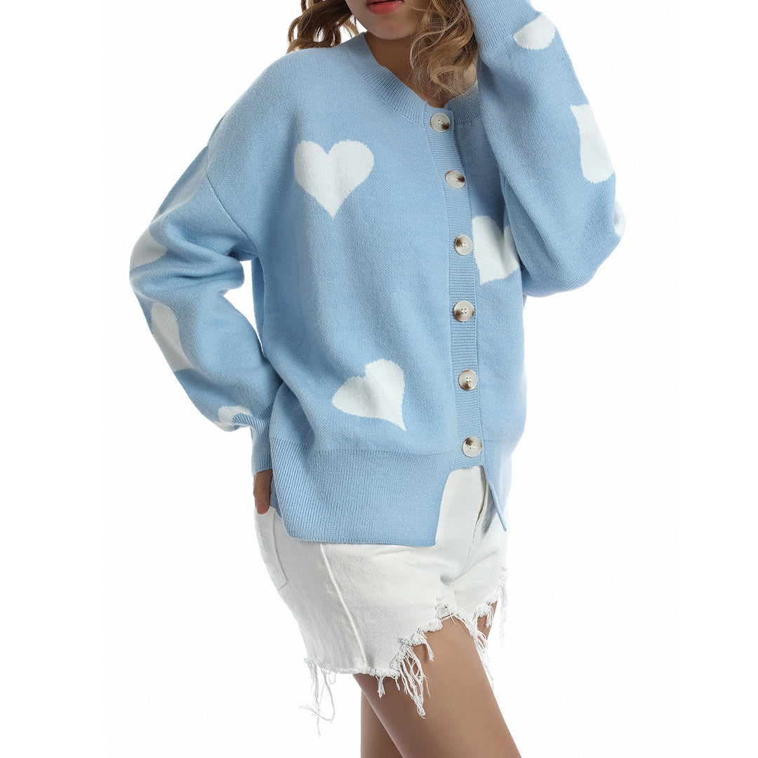 Women Buttoned Oversized Knitted Cardigan with Heart Jacquard and Pearl Buttons Mune Fashion