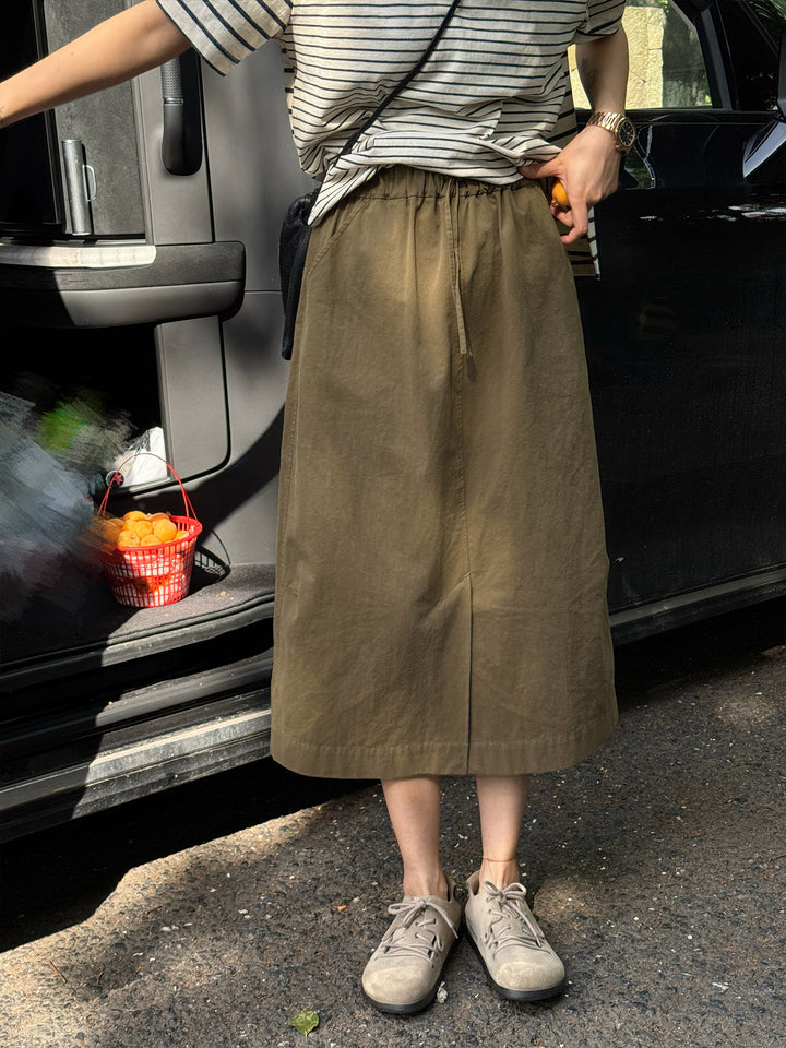Women's Stylish Midi Skirt with Elastic Waistband and Pockets Mune Fashion