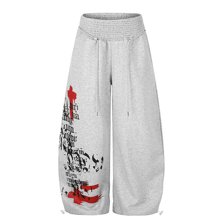 Women Extra Wide Balloon Palazzo Sweatpants with Ribbed Comfort Waistband, Drawstring and Typographic Gothic Print Mune Fashion
