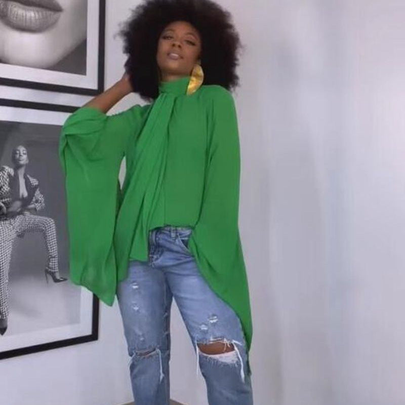 Women’s flowing pull-on blouse with wide batwing sleeves and tie at the neck Mune Fashion