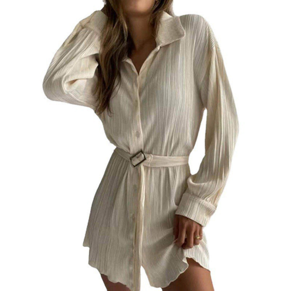 Ladies nan pleated shirt dress with waist belt and concealed button placket Mune Fashion