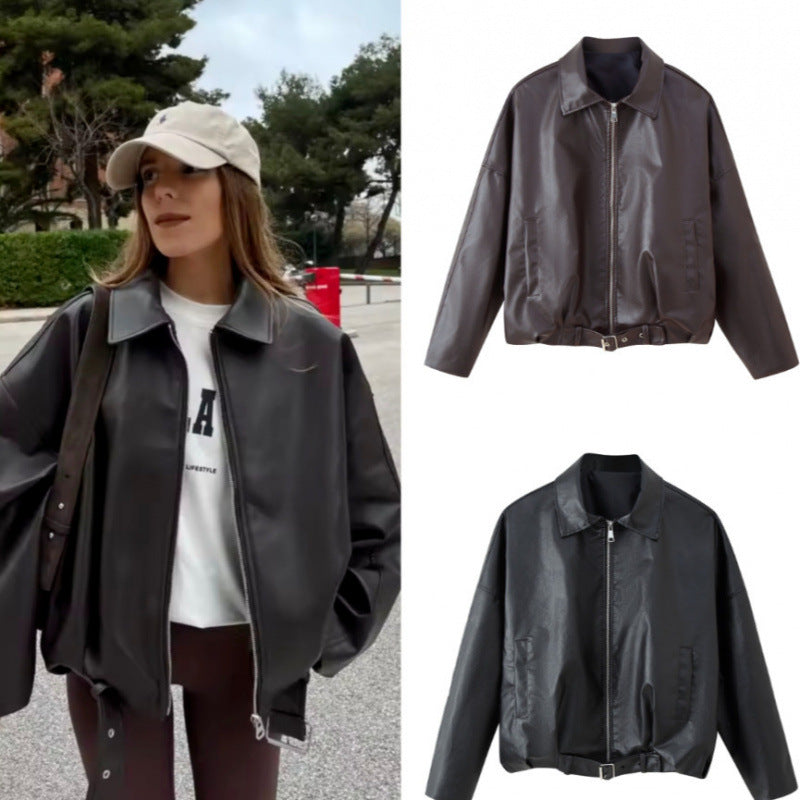 Unisex Oversize Faux Leather Jacket with Zip Shirt Collar and Waist Belt Mune Fashion
