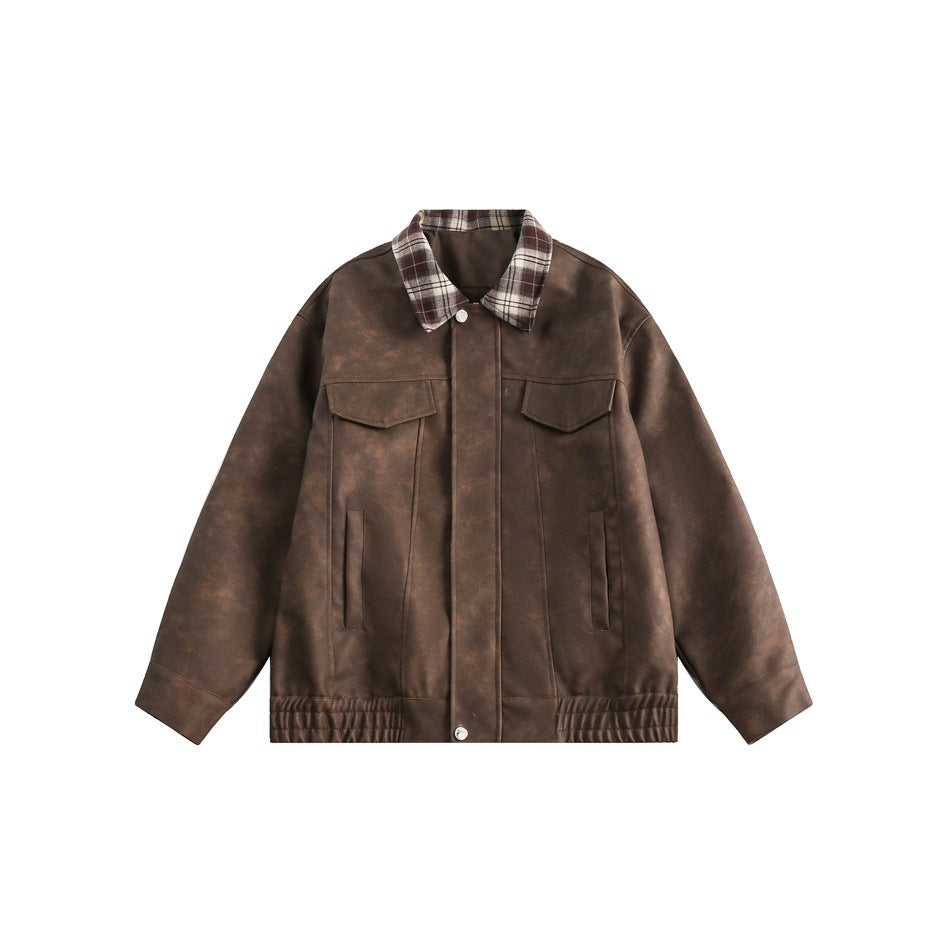 Men's Boxy Faux Leather Blouson with Checked Turn-Down Collar and Flap Pockets