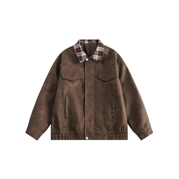 Men's Boxy Faux Leather Blouson with Checked Turn-Down Collar and Flap Pockets