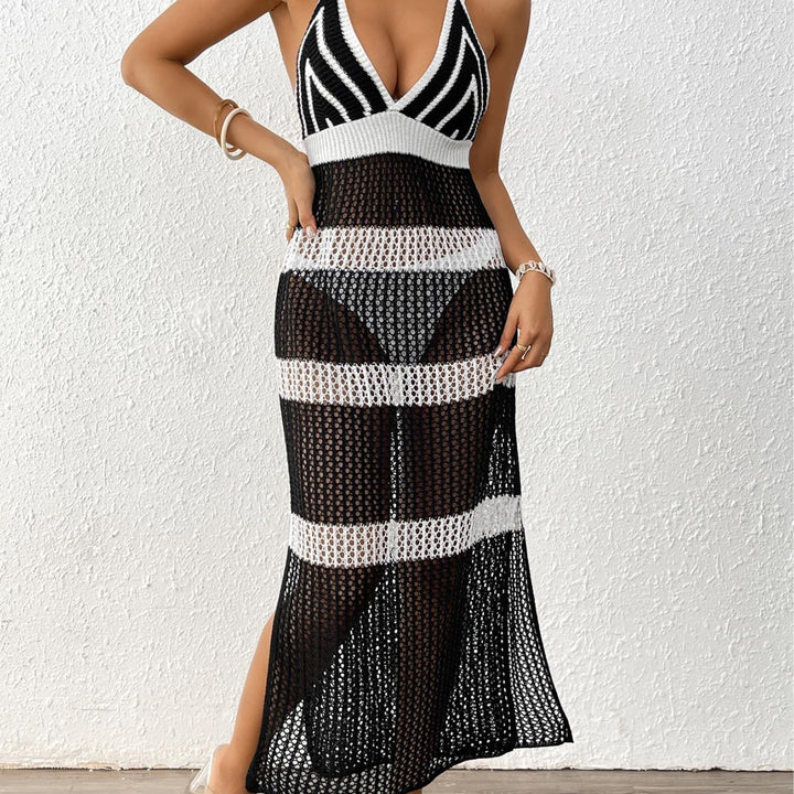 Women's crocheted beach cover-up with stylish V-neck and elegant stripe details Mune Fashion