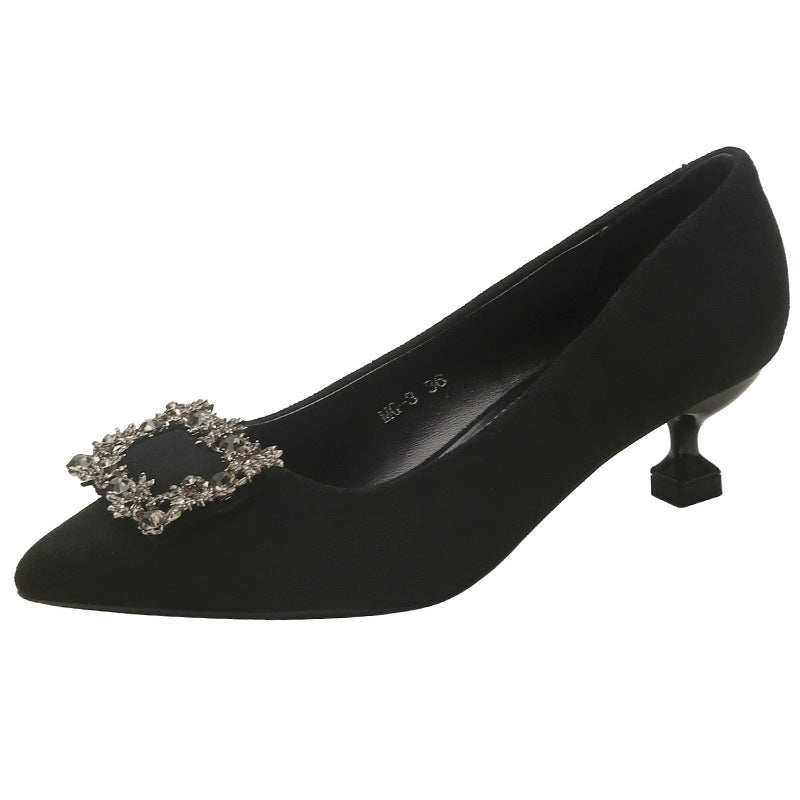 Ladies pointed toe satin pumps with square rhinestone ornament and sculptural kitten heel Mune Fashion
