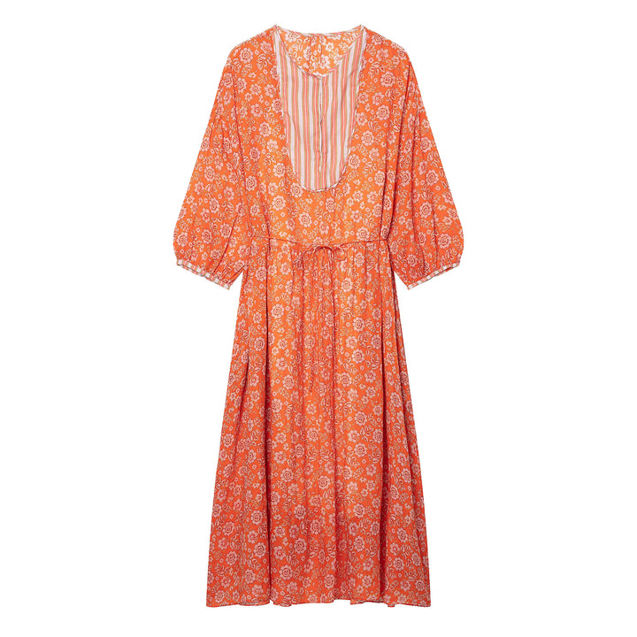 Women's maxi dress with floral print, deep round neckline and drawstring waist Mune Fashion