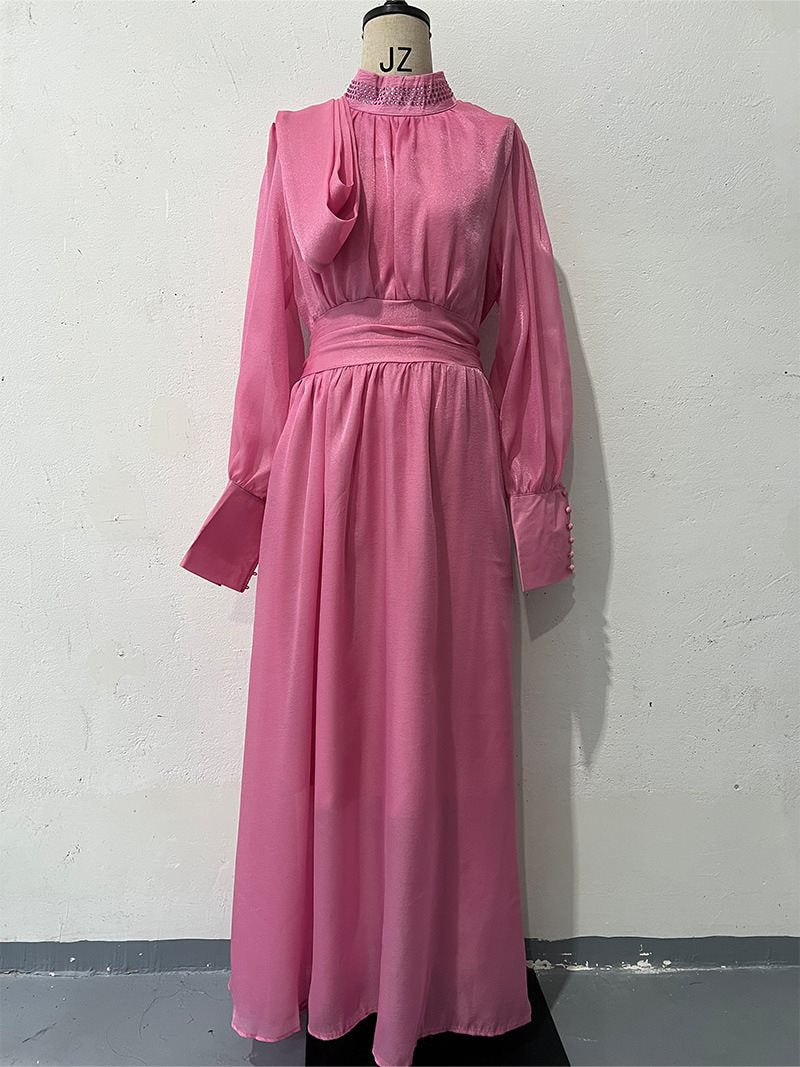 Women Elegant Chiffon Maxi Dress with Tailored Wrap Waist, Stand Collar and Long Puff Sleeves Mune Fashion