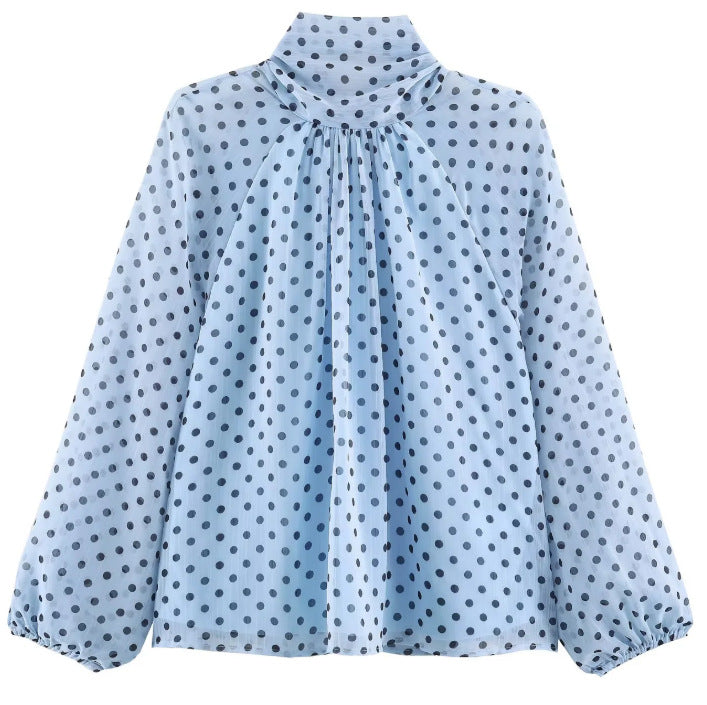 Ladies 100+ Chiffon blouse with bow collar, puff sleeves and polka dot print Mune Fashion
