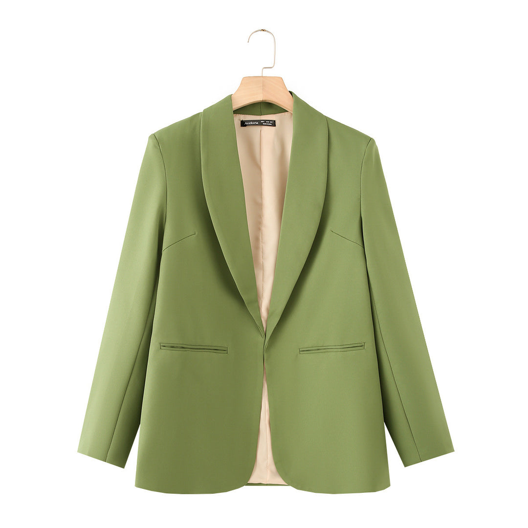 Ladies long blazer with shawl collar, unstructured fall and piped welt pockets Mune Fashion