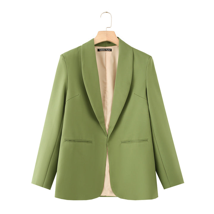 Ladies long blazer with shawl collar, unstructured fall and piped welt pockets Mune Fashion