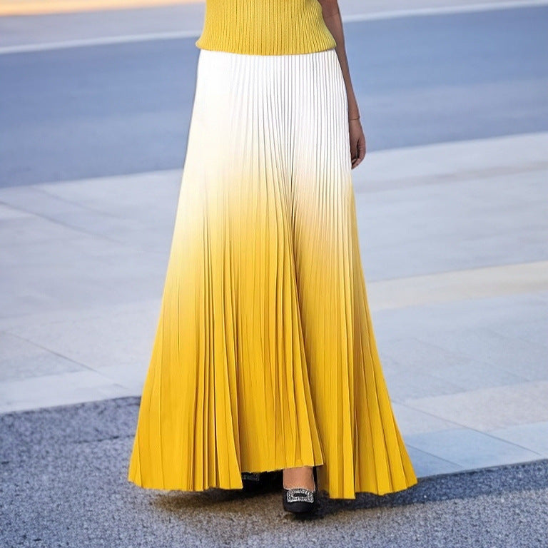 Women's nano pleated maxi skirt with seamless color gradient, high waistband and flowing A-line Mune Fashion