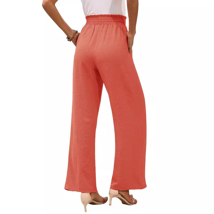 Women's paperbag trousers with wide leg, high elastic waistband and tie belt Mune Fashion