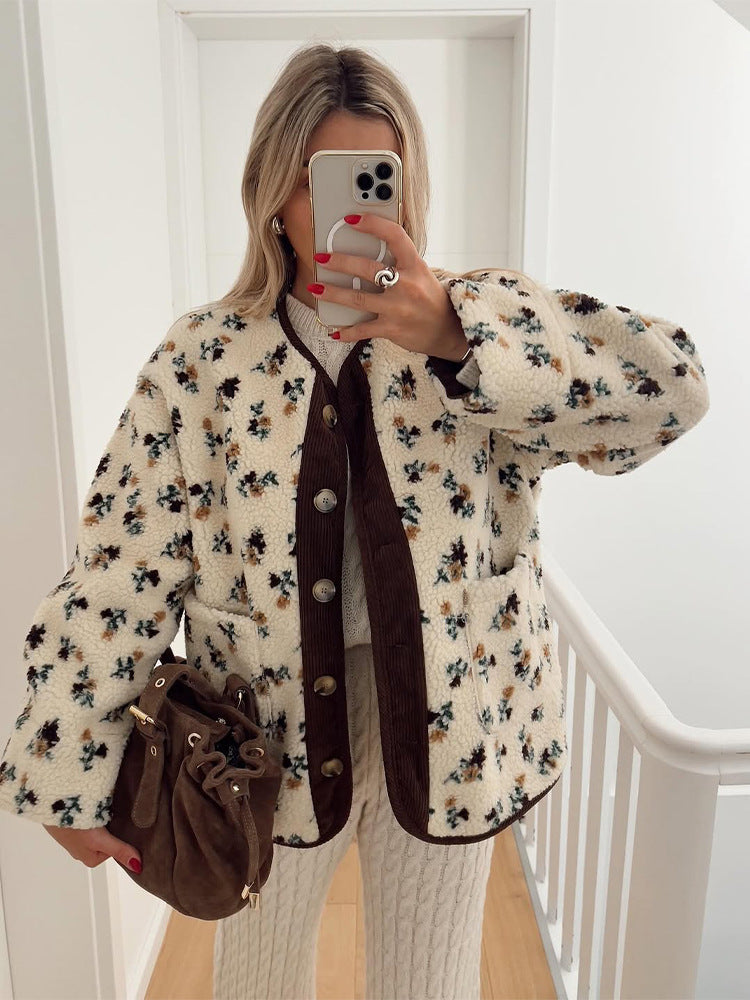 Women's teddy fleece jacket with floral print, cord placket, patch pockets, and oversized lace collar Mune Fashion