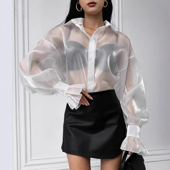 Women's Transparent Blouse with Voluminous Sleeves and Elegant Ruffle Details Mune