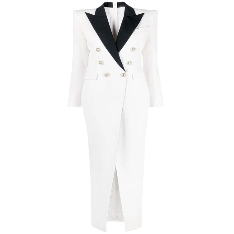 Women's Evening Blazer Dress Maxi with Contrast Lapels and Slit Mune Fashion