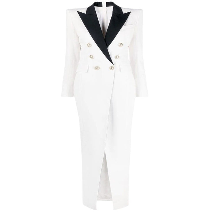 Women's Evening Blazer Dress Maxi with Contrast Lapels and Slit Mune Fashion