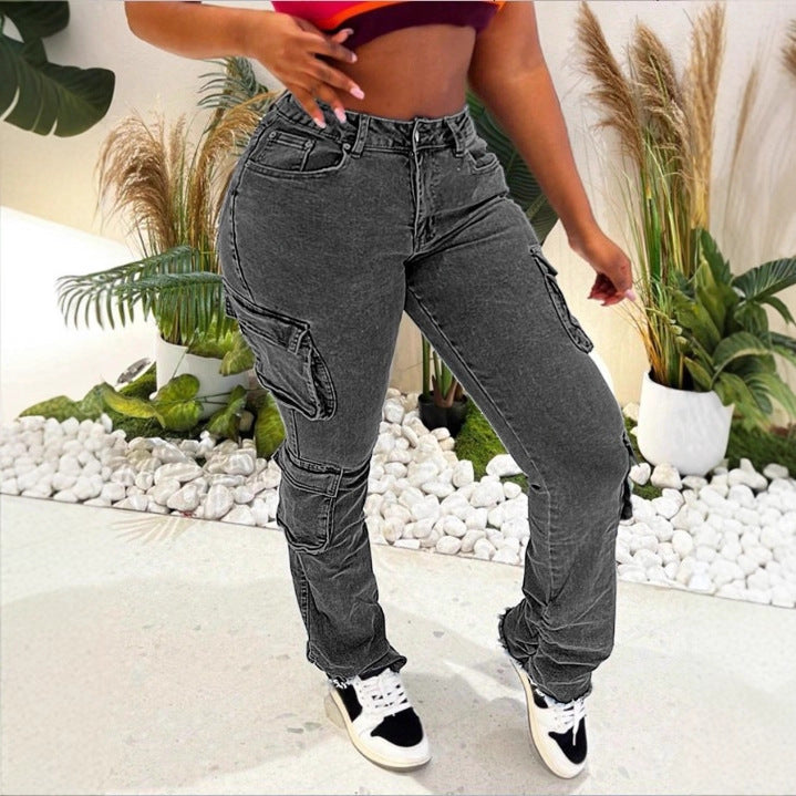 Women High-Cut Cargo Jeans with Multiple Flap Pockets and Frayed Hem Mune Fashion