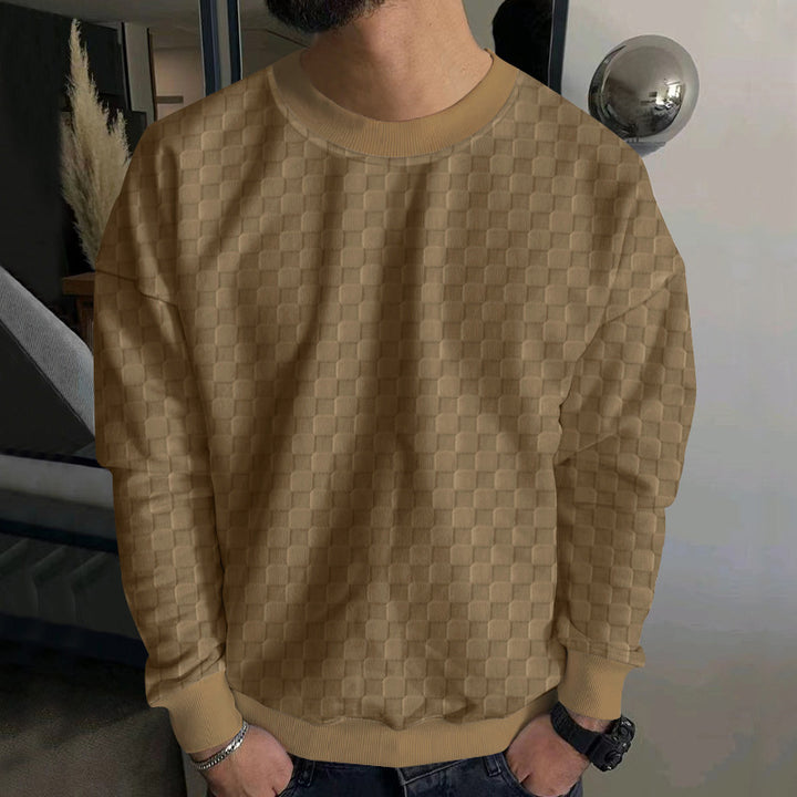 Men's Structured Cotton Sweatshirt with Checked Pattern and Round Neck Mune Fashion