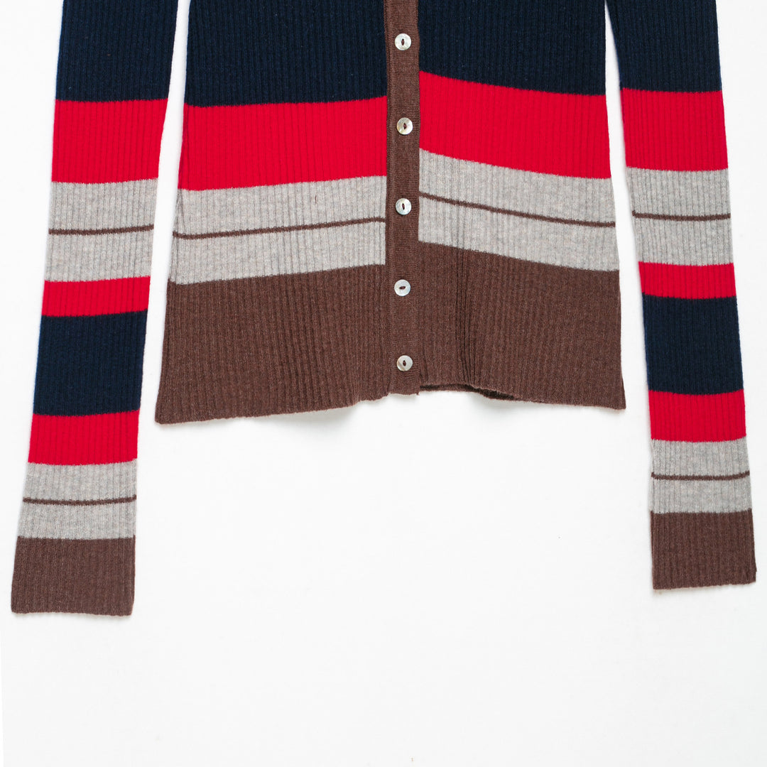Women's Ribbed Button Knitted Cardigan with Large Shirt Collar and Stripe Structure Mune Fashion