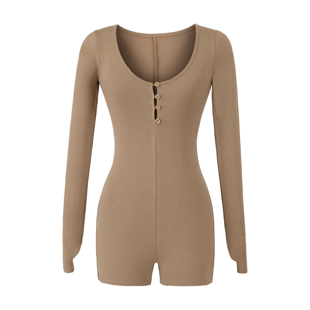 Women Fitted Long Sleeve Bodysuit with Button Placket and Short Shorts Mune Fashion
