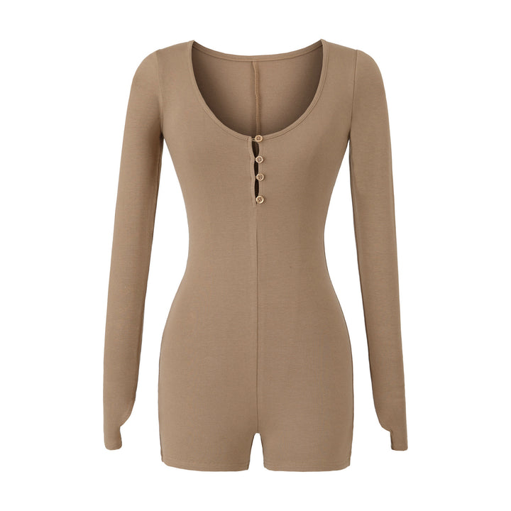 Women Fitted Long Sleeve Bodysuit with Button Placket and Short Shorts Mune Fashion