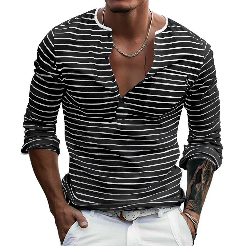 Men's striped long-sleeve shirt with short button placket, round neckline, and subtle chest pocket Mune Fashion