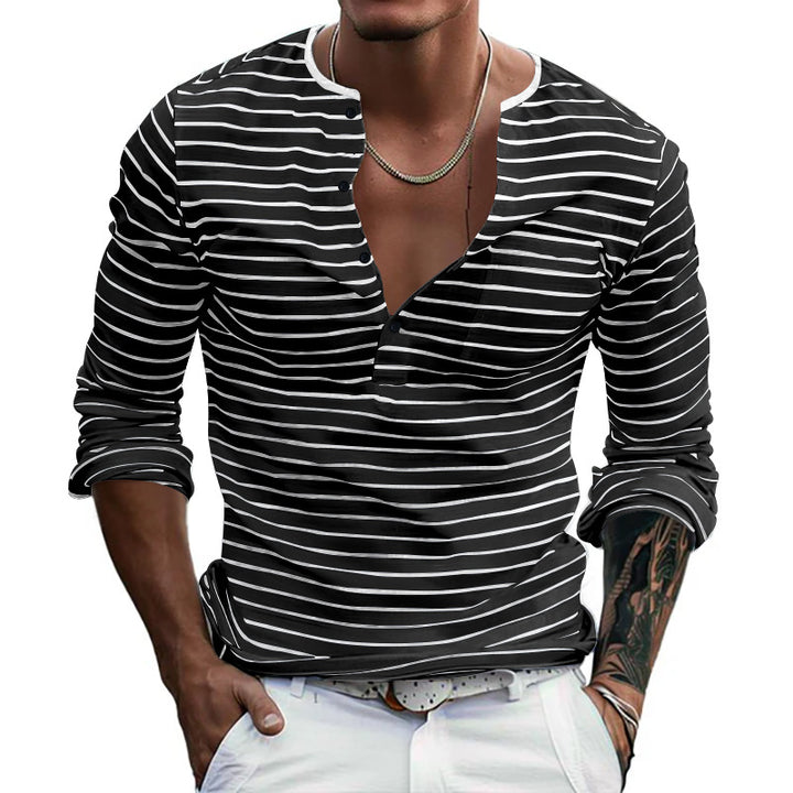 Men's striped long-sleeve shirt with short button placket, round neckline, and subtle chest pocket Mune Fashion