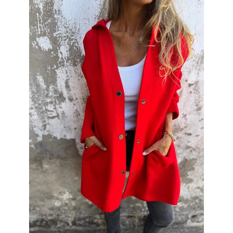 Women's Midi Length Oversized Coat made of Wool Blend with Clear Button Placket and Minimalist Lapels Mune Fashion
