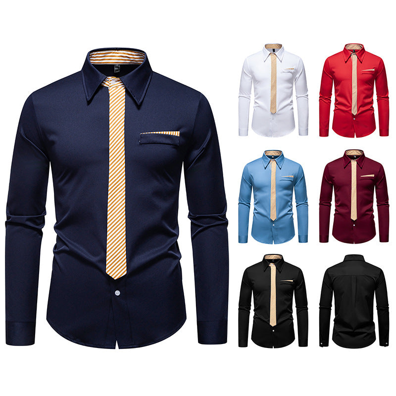 Men's Slim-Fit Business Shirt with Integrated Tie Look and Chest Pocket Mune Fashion