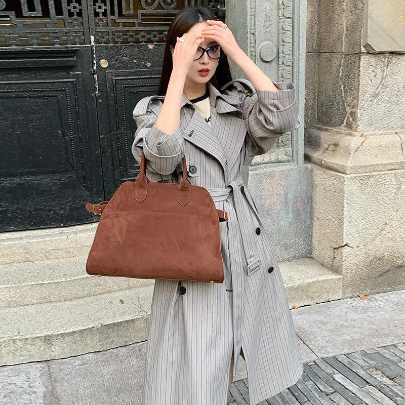 Women’s Long Pinstripe Trench Coat with Tie Belt Shoulder Straps and Flared Hem Mune Fashion