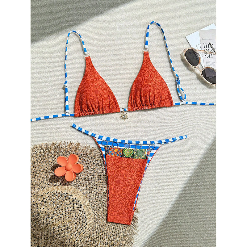 Women Triangle Bikini with trendy check pattern and playful ruffle design Mune Fashion