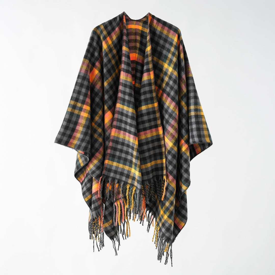 Women's Fringe Ruana made of wool blend with large checkered pattern and open fall Mune Fashion