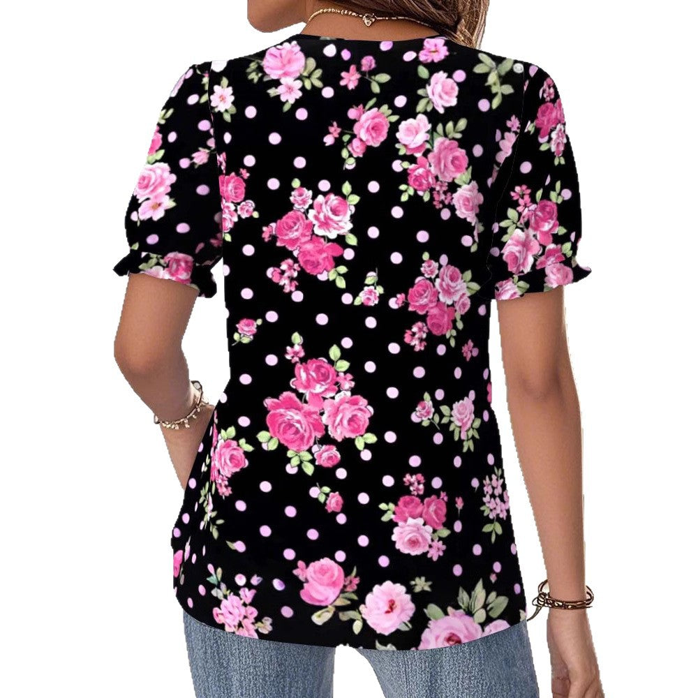 Ladies V-neck blouse with lace trim, puff sleeves and floral dot pattern Mune Fashion