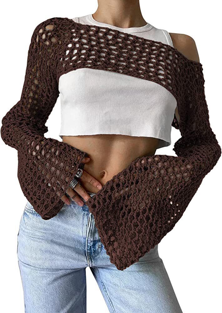 Women's Crocheted Long Sleeve Top with Off-Shoulder Design Mune Fashion
