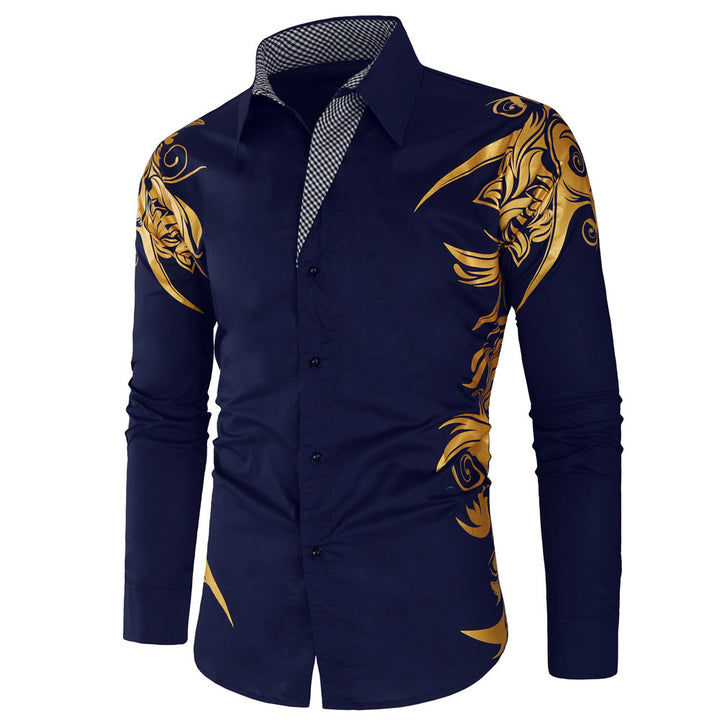 Men's Fitted Button-Down Shirt with Gold-Embellished Ornamentation and Contrasting Inner Collar Mune Fashion
