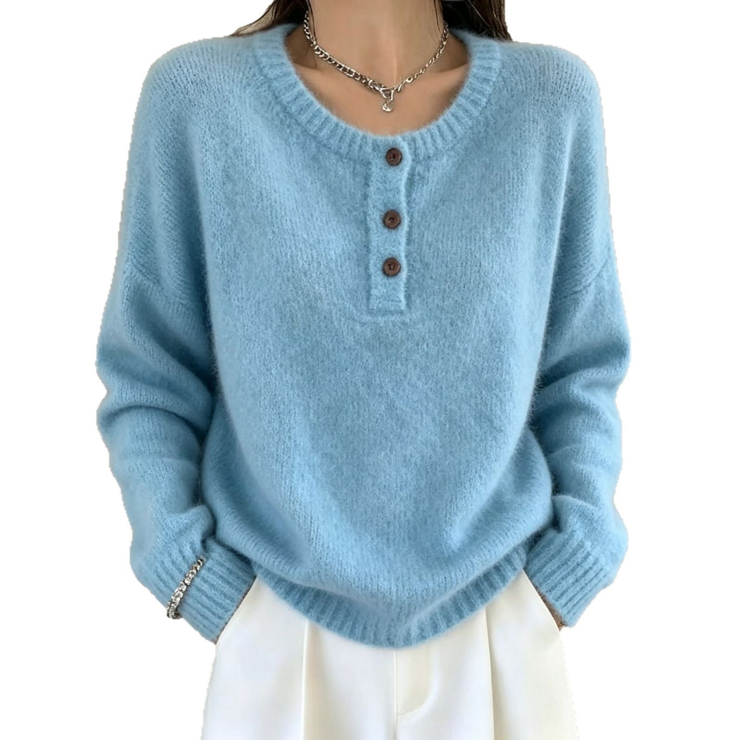 Women's Cozy Round Neck Henley Sweater with Button Placket and Raglan Sleeves Mune Fashion