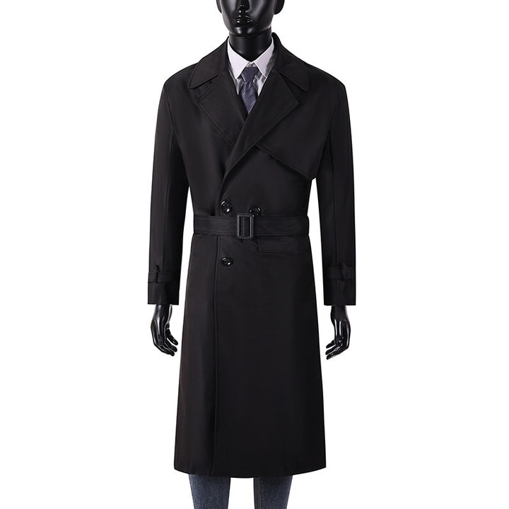 Men's long coat in trench coat style with storm flap, asymmetrical pockets and classic lapel Mune Fashion