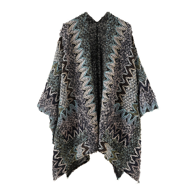 Women's Chunky Knitted Ethno-Ruana-Poncho with Zigzag Jacquard and Open Fall Mune Fashion
