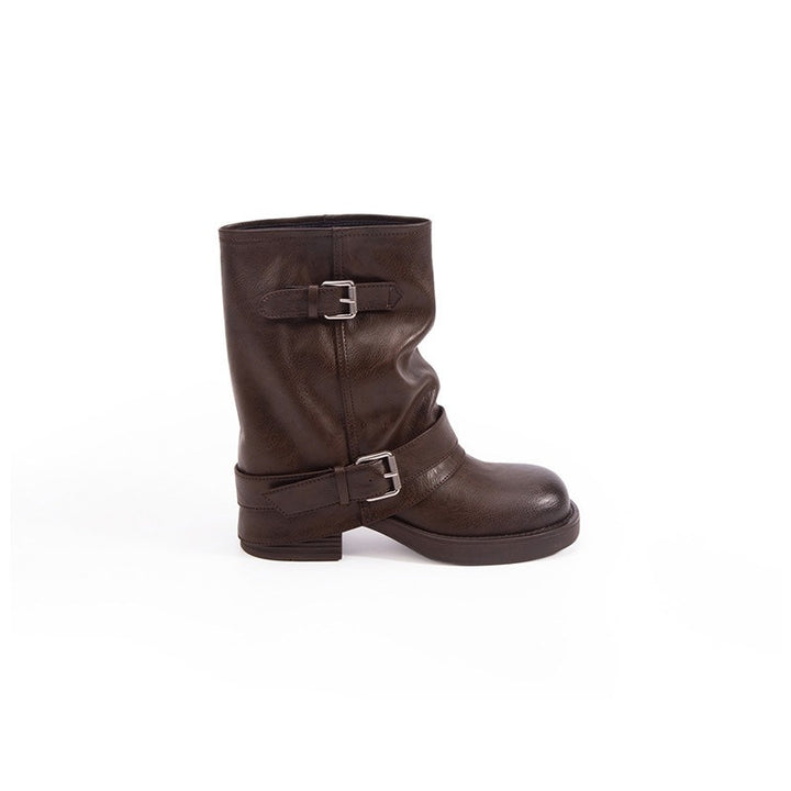 Women's calf-high biker boots made of smooth leather with double buckles and gathered shaft Mune Fashion