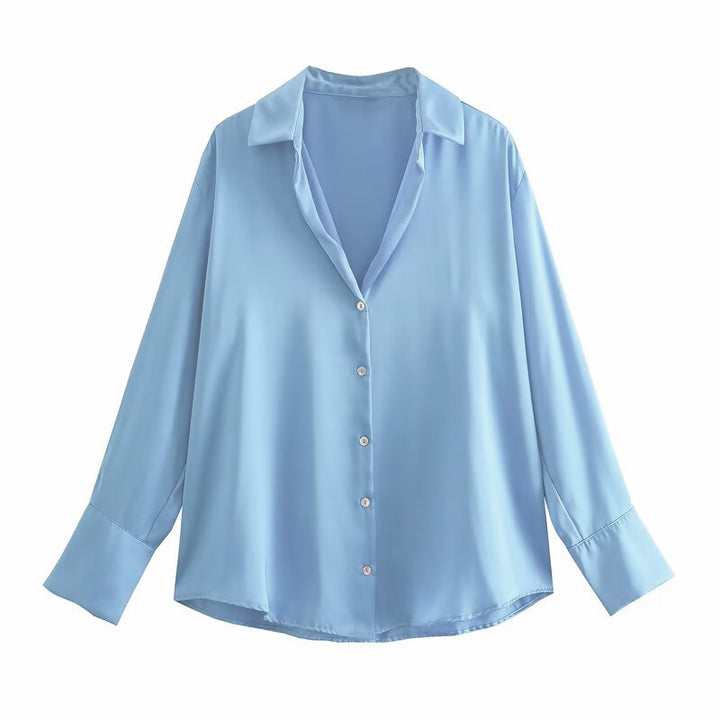 Ladies Oversized Satin Blouse with Shirt Collar and Wide Cuffs Mune Fashion