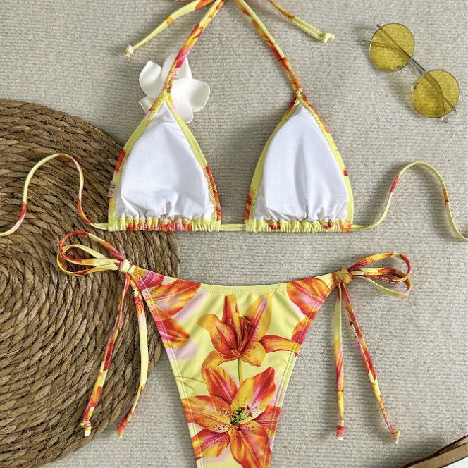 Women's triangle bikini with floral accents and adjustable ties Mune Fashion