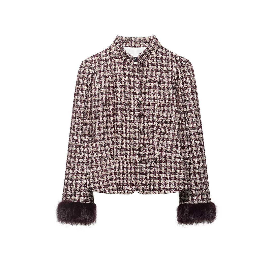 Ladies Short Boucle Tweed Jacket with Stand-Up Collar and Faux Fur Cuffs Mune Fashion