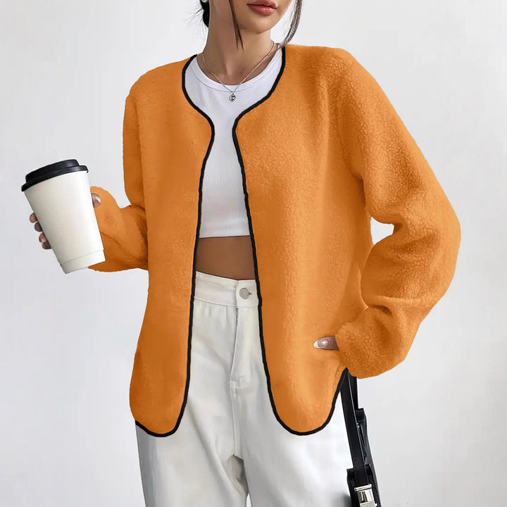 Women's Short Jacket Teddy Fleece Cardigan without Closure with Round Neck Drune