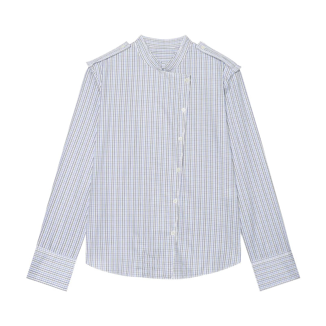 Women's Checkered Shirt with Stand Collar, Asymmetrical Button Placket and Shoulder Epaulettes Mune Fashion