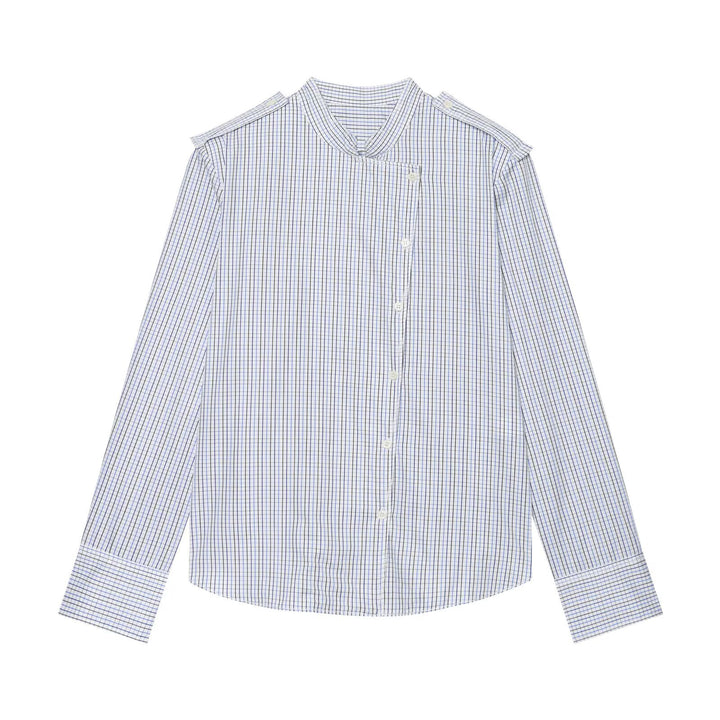 Women's Checkered Shirt with Stand Collar, Asymmetrical Button Placket and Shoulder Epaulettes Mune Fashion