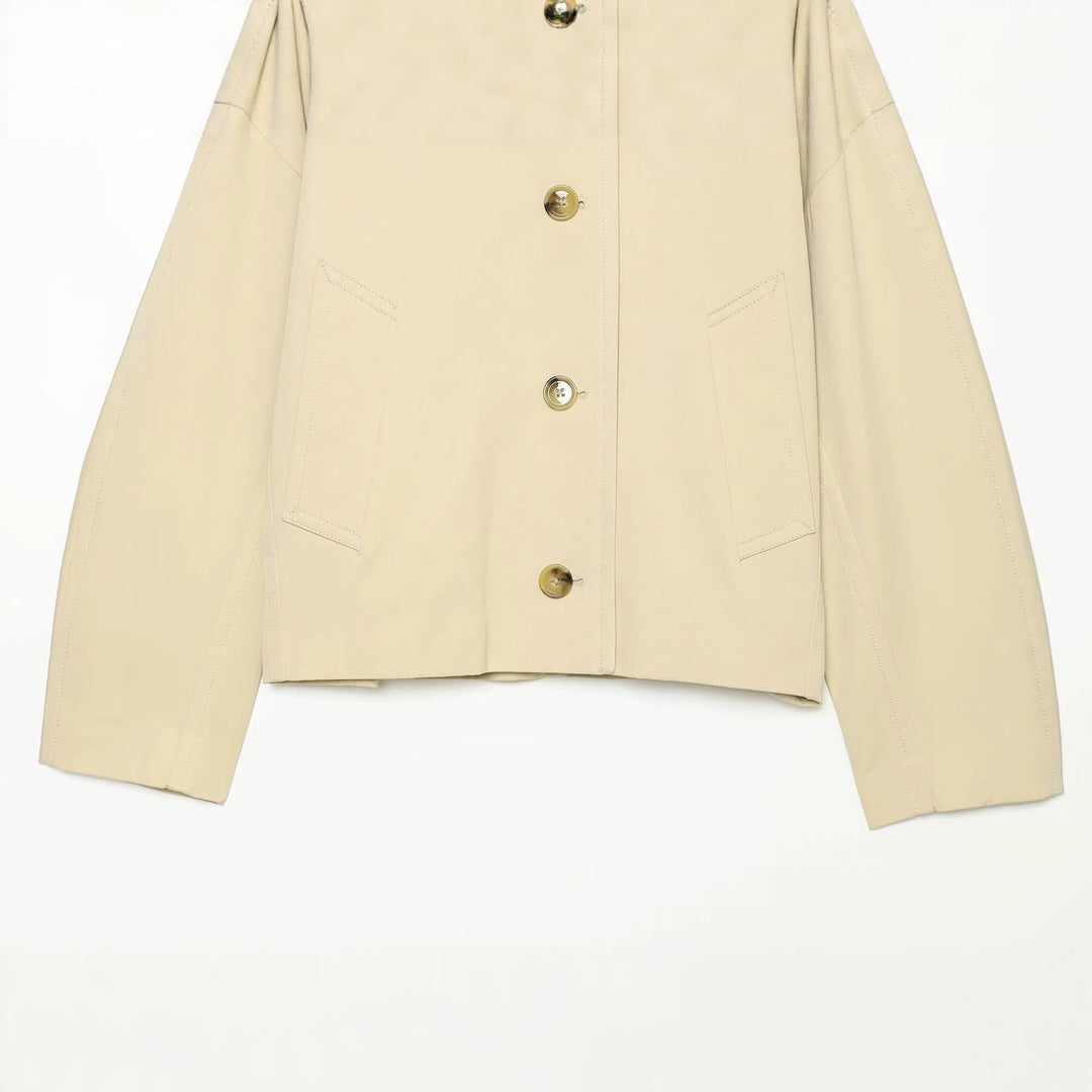 Women's Cropped Utility Blouse with Oversized Lapel Collar and Horn Button Front Drune